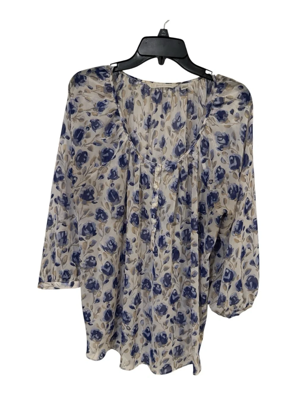 LC Lauren Conrad XL Blue Watercolor Floral Sheer Chiffon Blouse 3/4 Sleeve